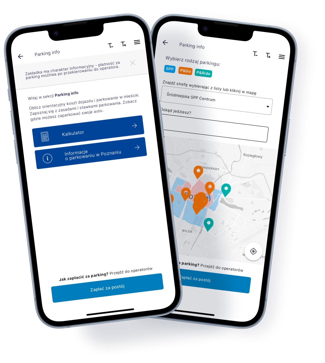 Obraz przedstawia dwie grafiki telefonu z zaprezentowaną funkcjonalnością Parking info