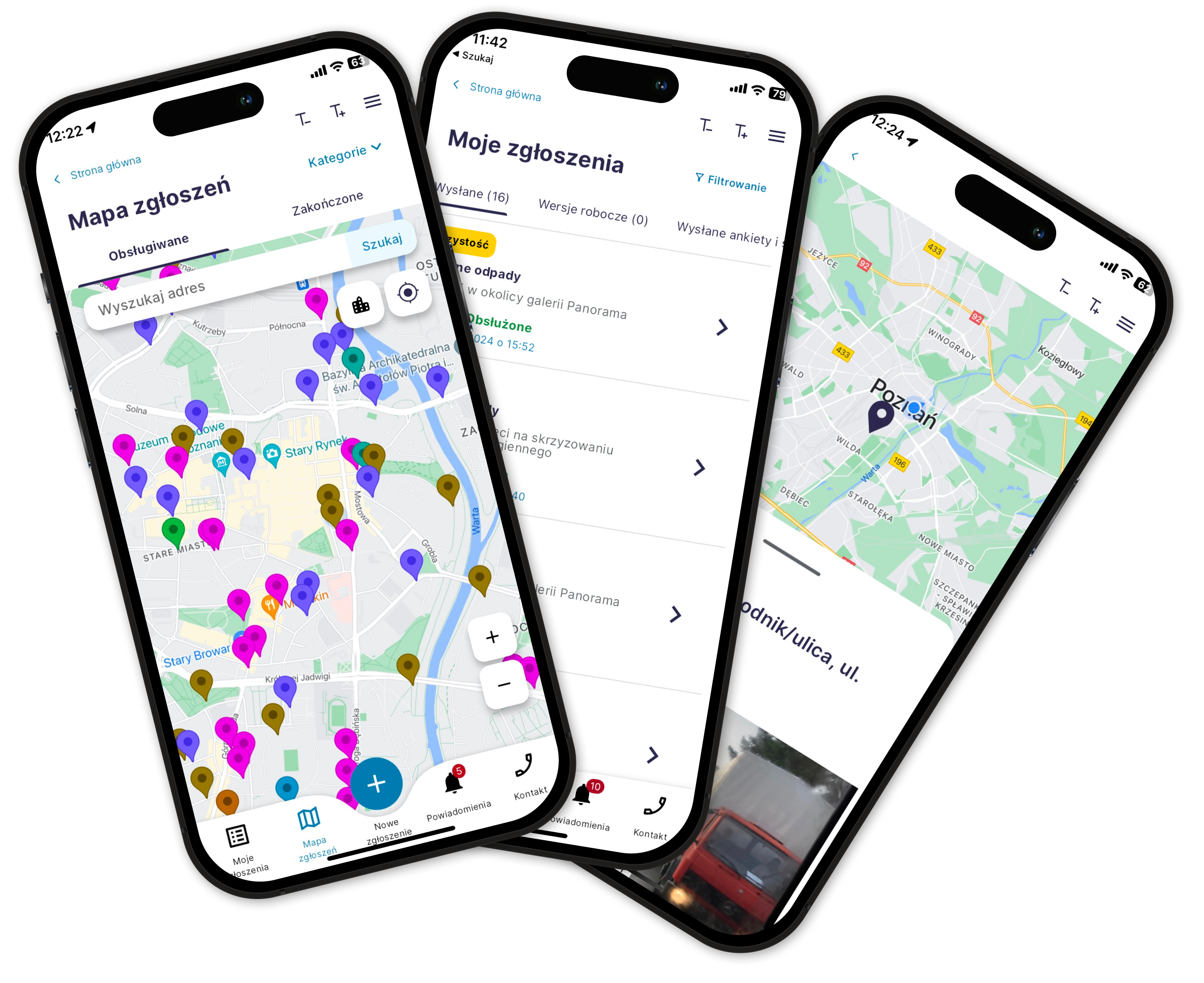 Obraz przedstawia trzy grafiki telefonu z zaprezentowaną funkcjonalnością wysyłania zgłoszeń