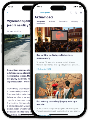 Obraz przedstawia dwie grafiki telefonu z zaprezentowaną funkcjonalnością modułu Infoteka