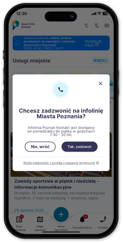 Obraz przedstawia grafikę telefonu z zaprezentowanym ekranem przekierowującym na miejską infolinię