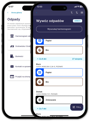 Obraz przedstawia dwie grafiki telefonu z zaprezentowaną funkcjonalnością modułu odpady